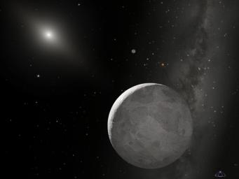 This is an artist's concept of Kuiper Belt object 2003 UB313 (nicknamed 'Xena') and its satellite 'Gabrielle.' Xena is the large object at the bottom of this artist's concept.
