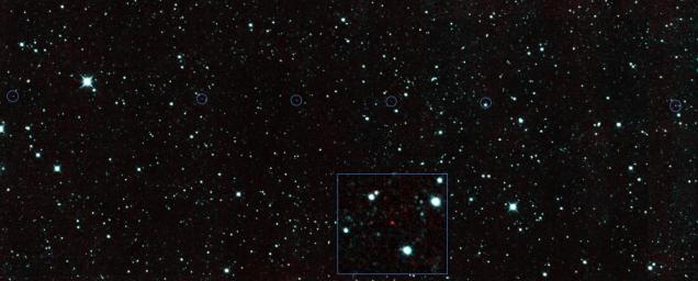 The six red dots in this composite picture indicate the location of the first new near-Earth asteroid, called 2013 YP139, as seen by NASA's NEOWISE.