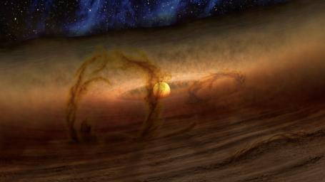 Magnetic loops carrying gas and dust above disks of planet-forming material circling stars are shown in this artist's conception, which NASA's Spitzer Space Telescope detects as infrared light.