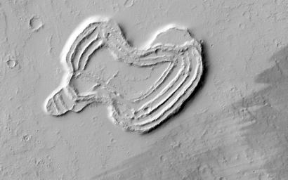 This feature from NASA's Mars Reconnaissance Orbiter looks like a heart. It is located south of Ascraeus Mons, which is a large volcano within the Tharsis volcanic plateau, making it extremely likely that this feature was formed by a volcanic process.