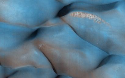 Why are these dunes different colors? Sand on Mars is typically dark in tone, as it commonly derived from volcanic rocks like lava flows as shown by NASA's Mars Reconnaissance Orbiter.