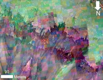 This image from NASA's Mar Reconnaissance Orbiter combines a photograph of seasonal dark flows on a Martian slope at Palikir Crater with a grid of colors based on data collected by a mineral-mapping spectrometer observing the same area.