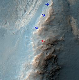NASA's Mars Reconnaissance Orbiter caught this view of NASA's Mars Exploration Rover Opportunity on Feb. 14, 2014. The red arrow points to Opportunity at the center of the image. Blue arrows point to tracks left by the rover in October 2013.