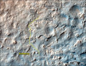 This map shows the route driven and route planned for NASA's Curiosity Mars rover from before reaching 'Dingo Gap' in upper right, to the mission's next science waypoint, 'Kimberley' (formerly referred to as 'KMS-9'), lower left.