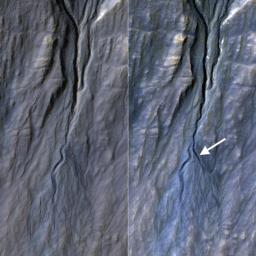 This pair of before (left) and after (right) images from NASA's Mars Reconnaissance Orbiter documents formation of a new channel on a Martian slope between 2010 and 2013, likely resulting from activity of carbon-dioxide frost.