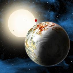 An artist's conception shows the Kepler-10 system, home to two rocky planets. In the foreground is Kepler-10c, a planet that weighs 17 times as much as Earth and is more than twice as large in size.