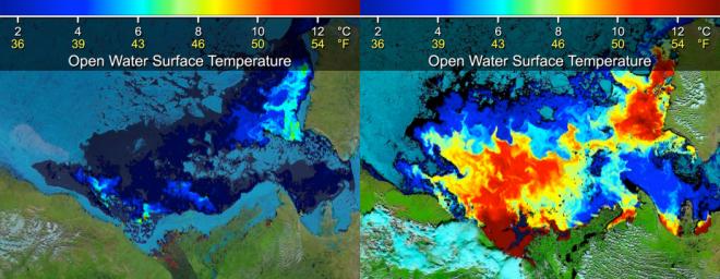 Beaufort Sea surface temperatures where Canada's Mackenzie River discharges into the Arctic Ocean, measured by NASA's MODIS instrument; warm river waters had broken through a shoreline sea ice barrier to enhance sea ice melt.