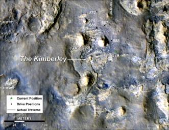 This map shows the route driven by NASA's Curiosity Mars in its approach to and April 1, 2014, arrival at a waypoint called 'the Kimberley,' which rover team scientists chose in 2013 as the location for the mission's next major investigations.