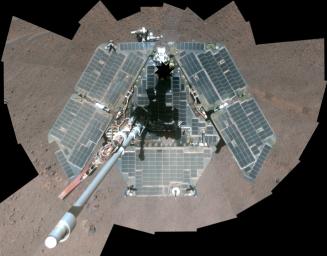 A false-color self-portrait of NASA's Mars Exploration Rover Opportunity taken by the rover's panoramic camera (Pancam) shows effects of recent winds removing much of the dust from the solar arrays.