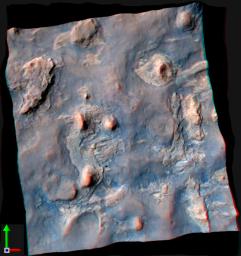NASA's Curiosity Mars rover and its tracks are visible in this view combining information from three observations by the HiRISE camera on NASA's Mars Reconnaissance Orbiter. You need 3-D glasses to view this image.