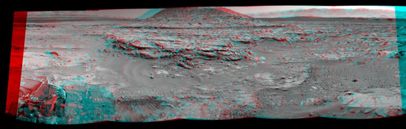 NASA's Curiosity Mars rover used its Navigation Camera (Navcam) on April 11, 2014, to record this stereo scene of a butte called 'Mount Remarkable' and surrounding outcrops. You need 3-D glasses to view this image.