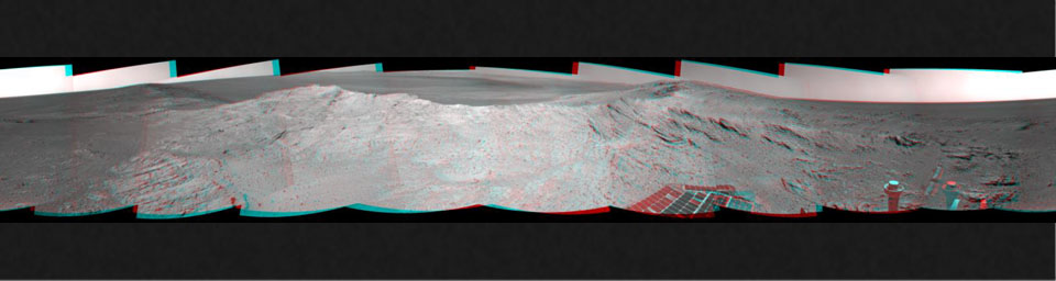 NASA's Mars Exploration Rover captured this stereo, 360-degree view near the ridgeline of Endeavour Crater's western rim. The center is southeastward. You need 3D glasses to view this image.