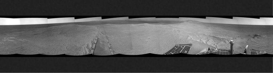 The component images for this 360-degree panorama were taken by NASA's Mars Exploration Rover Opportunity after the rover drove about 97 feet southeastward on April 22, 2014. The location is on the western rim of Endeavour Crater.