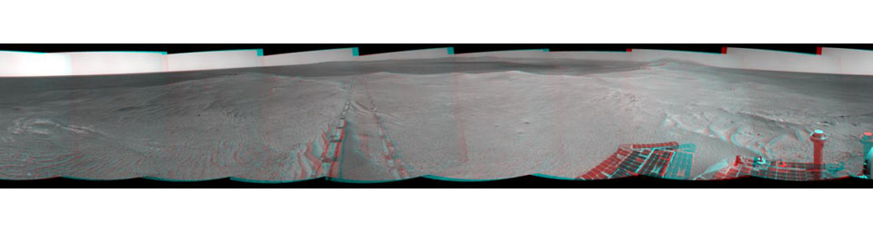 Component images for this stereo, 360-degree scene were taken byNASA's Mars Exploration Rover Opportunity after a drive of about 97 feet southeastward on April 22, 2014. You need 3D glasses to view this image.