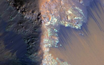 Recurring slope lineae (RSL) may be due to active seeps of water. These dark flows are abundant along the steep slopes of ancient bedrock in Coprates Chasma as seen in this image from NASA's Mars Reconnaissance Orbiter.