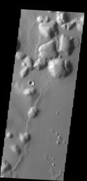 The hills in this image seen by NASA's 2001 Mars Odyssey spacecraft are part of Tartarus Colles. Several of the hills have dark slope streaks, believed to be formed by downslope removal of dust revealing the darker rock beneath.