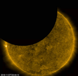NASA's Solar Dynamics Observatory shows a lunar transit, when the Moon partially blocked SDO's view of the Sun on Nov. 7, 2018.