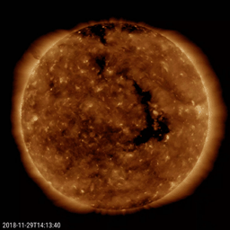 NASA's Solar Dynamics Observatory shows a long-lasting coronal hole has again rotated around to face the Earth (Nov. 28-30, 2018).