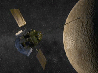 NASA's MESSENGER prepares to perform the Mercury orbit insertion burn in this animated artist's concept.