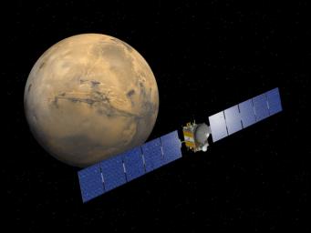 Artist rendering of NASA's Dawn spacecraft approaching Mars.