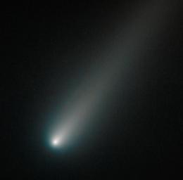 This image from NASA's Hubble Space Telescope of the sunward plunging comet ISON suggests that the comet is intact despite some predictions that the fragile icy nucleus might disintegrate as the sun warms it.