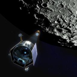 Artist's rendering of the Lunar Crater Observation and Sensing Satellite (LCROSS) observing its Centaur upper rocket stage on route to impact the lunar surface in 2009.