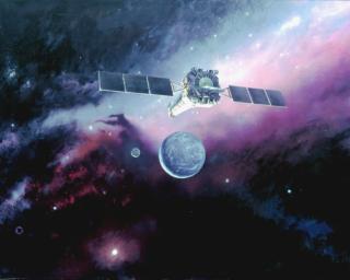 An artist's illustration of the Chandra spacecraft in orbit.