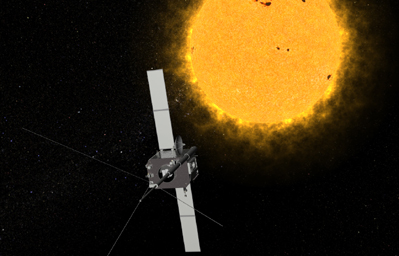 An artist's conception of one of NASA's Solar Terrestrial Relations Observatory (STEREO) spacecraft. The two observatories currently lie on either side of the sun, providing views of the entire sun simultaneously.