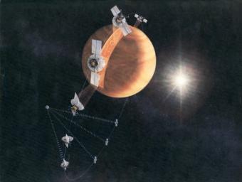 An artist's concept of the Magellan spacecraft making a radar map of Venus. The spacecraft was commanded to plunge into Venus' atmosphere in 1994 as part of a final experiment to gather atmospheric data.