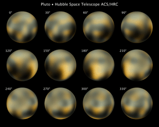 This is the most detailed view to date of the entire surface of the dwarf planet Pluto, as constructed from multiple NASA Hubble Space Telescope photographs taken from 2002 to 2003.