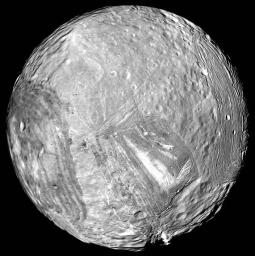 Uranus' icy moon Miranda is seen in this image from Voyager 2 on January 24, 1986.