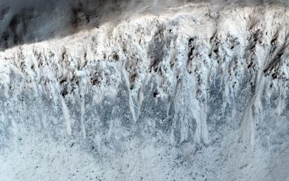This image from NASA's Mars Reconnaissance Orbiter shows a 3-kilometer-wide impact crater with gullies all along the steep inner slopes.