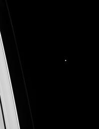 Tiny Epimetheus is dwarfed by adjacent slivers of the A and F rings in this image from NASA's Cassini spacecraft.