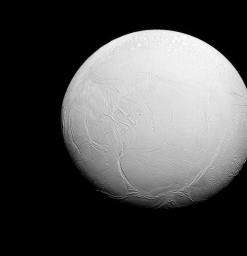 Enceladus is a world divided, as seen by NASA's Cassini spacecraft. The terrain to the north is covered in impact craters, to the south, cratering is much more sparse.