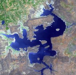 The Nagarjuna Sagar Dam on India's Krishna River is the largest masonry dam in operation in the world. This image is from NASA's Terra spacecraft.