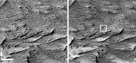 These images from the Context Camera on NASA's Mars Reconnaissance Orbiter were taken before and after an apparent impact scar appeared in the area in March 2012. Comparing the images confirms that fresh craters appeared during the interval.