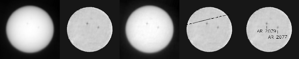 This frame from an animation shows five versions of observations that NASA's Curiosity made about one hour apart while Mercury was passing in front of the sun on June 3, 2014. Two sunspots, each about the diameter of Earth, also appear.