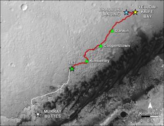 This map shows in red the route driven by NASA's Curiosity Mars rover from the 'Bradbury Landing' location where it landed in August 2012 to nearly the completion of its first Martian year. The white line shows the planned route ahead.