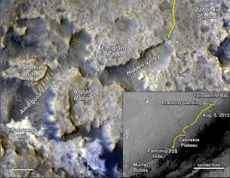 The main map shows landforms near NASA's Curiosity Mars rover as the rover's second anniversary of landing on Mars nears. The gold traverse line ends at Curiosity's position as of July 31, 2014 (Sol 705).
