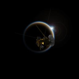 Artist's rendering of NASA's Cassini spacecraft observing a sunset through Titan's hazy atmosphere.