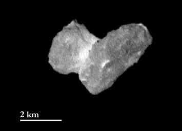 This view from the OSIRIS instrument onboard ESA's Rosetta spacecraft shows the nucleus of comet 67P/Churyumov-Gerasimernko from a distance of 1,210 miles (1950 kilometers).