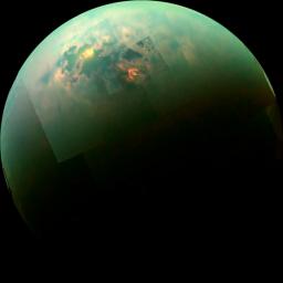 This near-infrared, color view from NASA'S Cassini orbiter shows the sun glinting off of Titan's north polar seas.