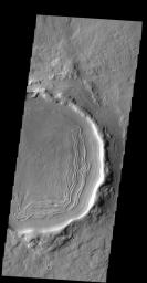 This unnamed crater in this image from NASA's 2001 Mars Odyssey spacecraft is located on the margin between Terra Sabaea and Utopia Planitia and is filled with material with a grooved surface.