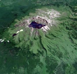 This image from NASA's Terra spacecraft shows Baektu Mountain, an active volcano on the border between North Korea and China. Rising to 2744 m, its summit caldera is filled with a crater lake, Heaven Lake.