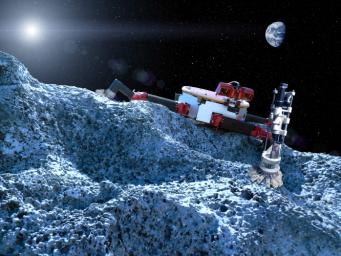 This artist's concept shows a robot with legs that have microspine grippers, which could potentially explore a rocky surface, such as an asteroid, in microgravity.