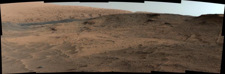 This southeastward-looking vista from the Mast Camera (Mastcam) on NASA's Curiosity Mars rover shows the 'Pahrump Hills' outcrop and surrounding terrain seen from a position about 70 feet (20 meters) northwest of the outcrop.