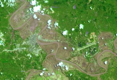 This image from the NASA's Terra spacecraft shows extensive flooding resulting from Typhoon Rammasun in Ningming, China. This ASTER image was acquired on July 24, 2014.
