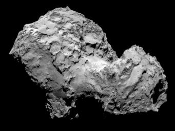 Comet 67P/Churyumov-Gerasimenko by ESA's Rosetta's OSIRIS narrow-angle camera on August 3, 2014, from a distance of 177 miles (285 kilometers). The image resolution is 17 feet (5.3 meters) per pixel.