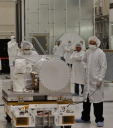 This photo shows the Optical PAyload for Lasercomm Science (OPALS) flight terminal at JPL being prepared for shipment to NASA's Kennedy Space Center.