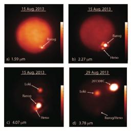 These images show Jupiter's moon Io obtained at different infrared wavelengths with the W. M. Keck Observatory's 10-meter Keck II telescope on Aug. 15, 2013 (a-c), and the Gemini North telescope on Aug. 29, 2013 (d).